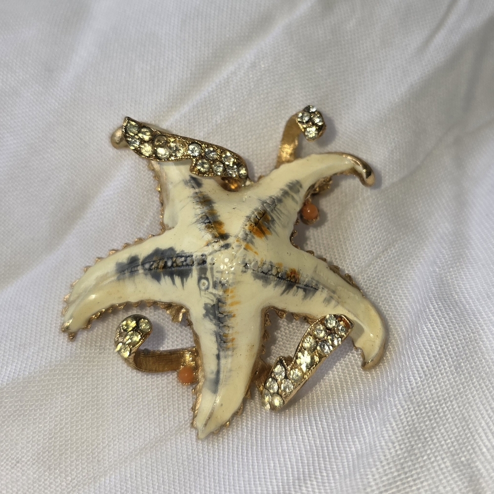 BSK Stamped Goldtone and Rhinestone Painted Starfish Brooch.